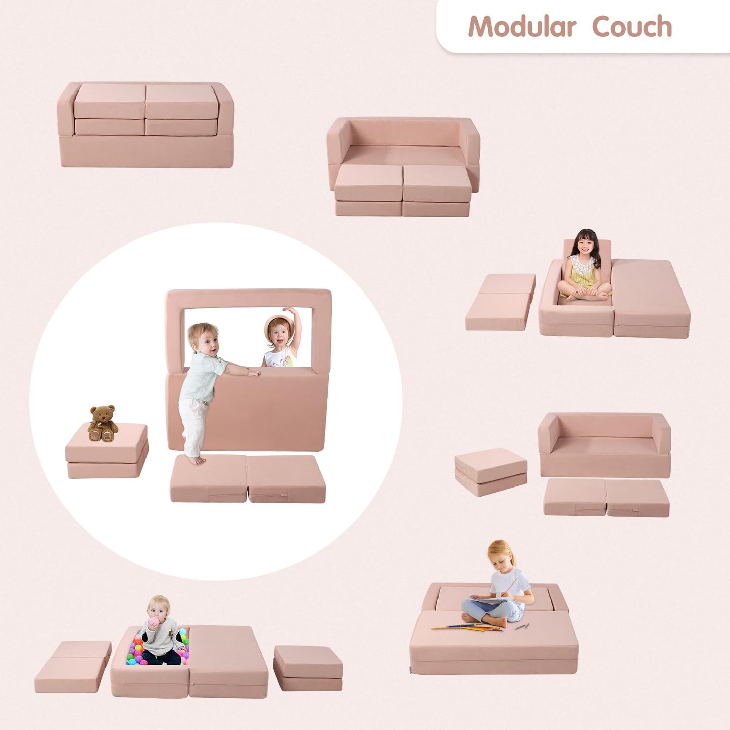 Getifun Modular Kids Sofa, Foam Toddler Couch, Convertible Plush Kids Play Couch (Pink)