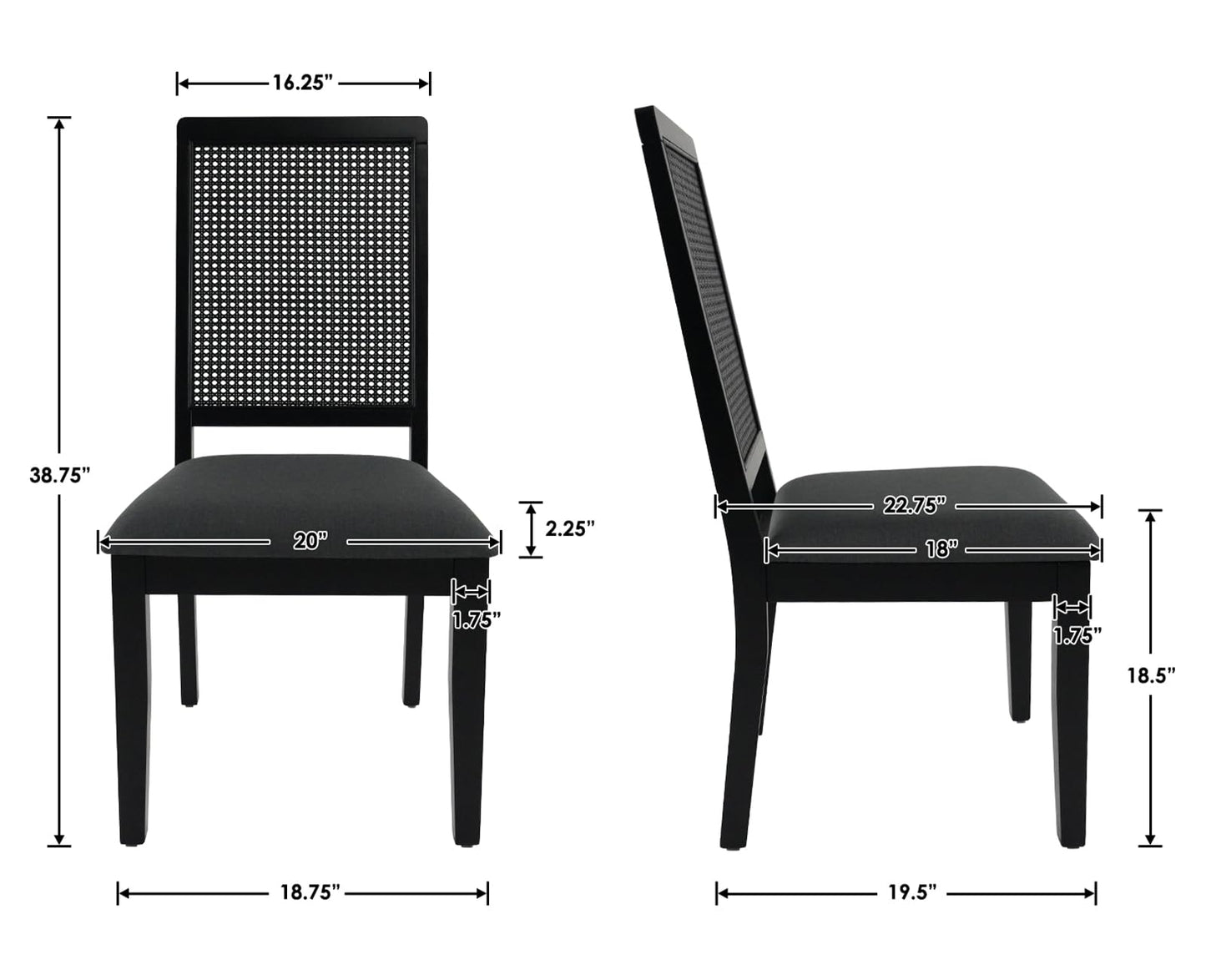 chairus Dining Chairs Set of 2, Armless Kitchen & Dining Room Chairs with High Rattan Back Upholstered Side Chairs with Sturdy Black Wood Frame for Restaurant, Living Room, Linen Grey