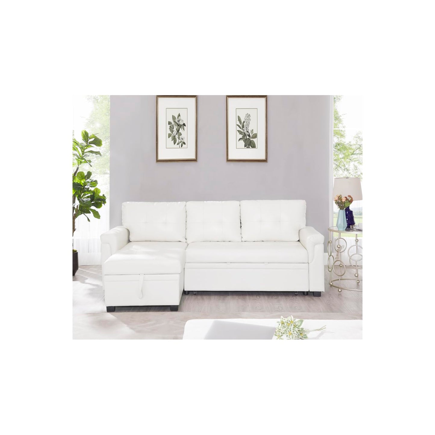 Naomi Home Transform Any Space: Sleeper Sectional Sofa with Convertible Sofa Bed & Inviting Chaise. Find Tranquil Comfort with Stress-Relieving Design & Durable Cushions - White/Air Leather