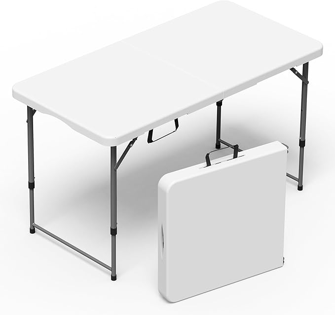 VSOAEIL Folding Table 4 Foot for Indoor Outdoor, Portable Heavy Duty Fold-in-Half Utility Small Plastic Adjustable Height ...