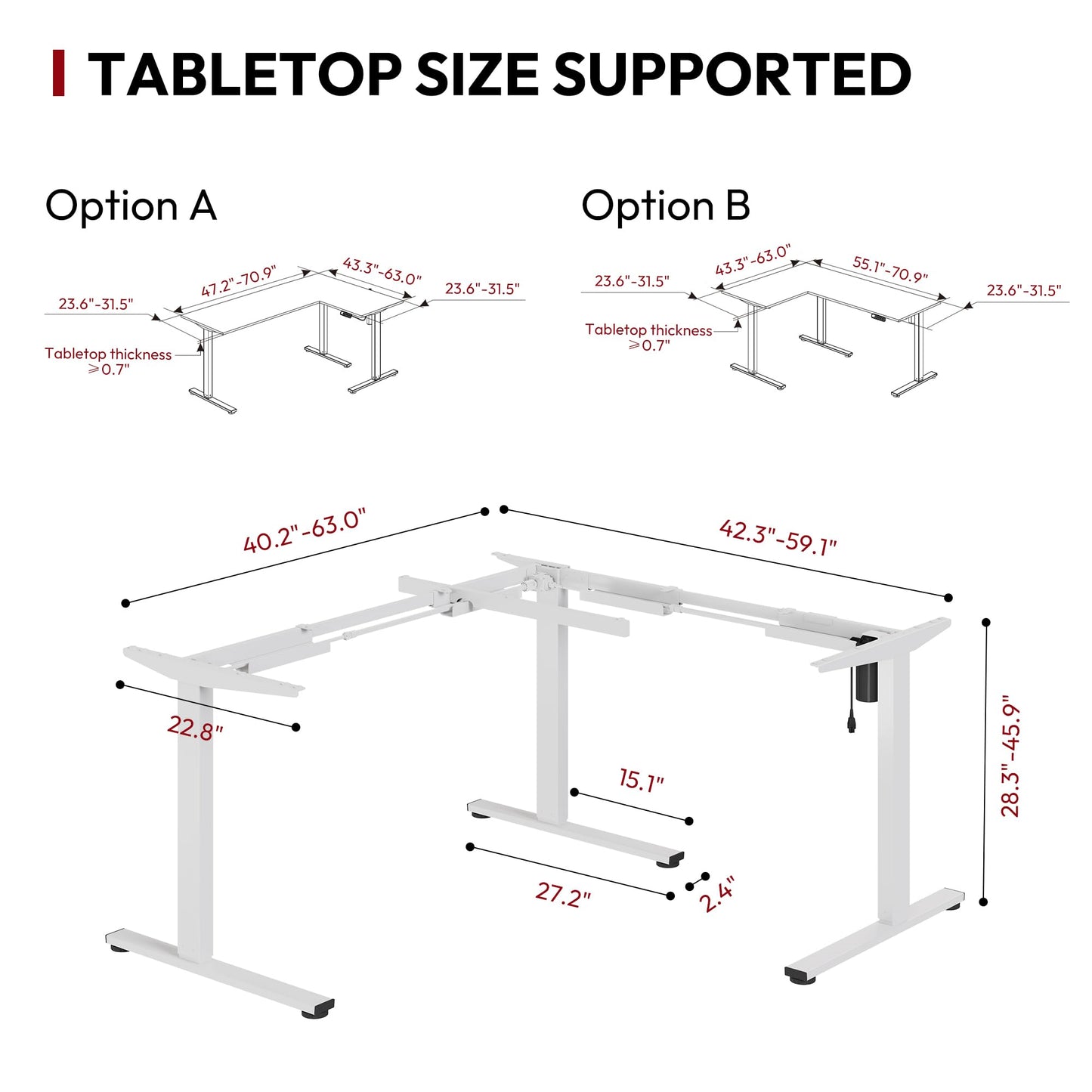SANODESK Electric Height Adjustable 3 Leg Corner Desk Frame, up to 220lbs, Sit Stand Ergonomic L Shaped Frame Only, White