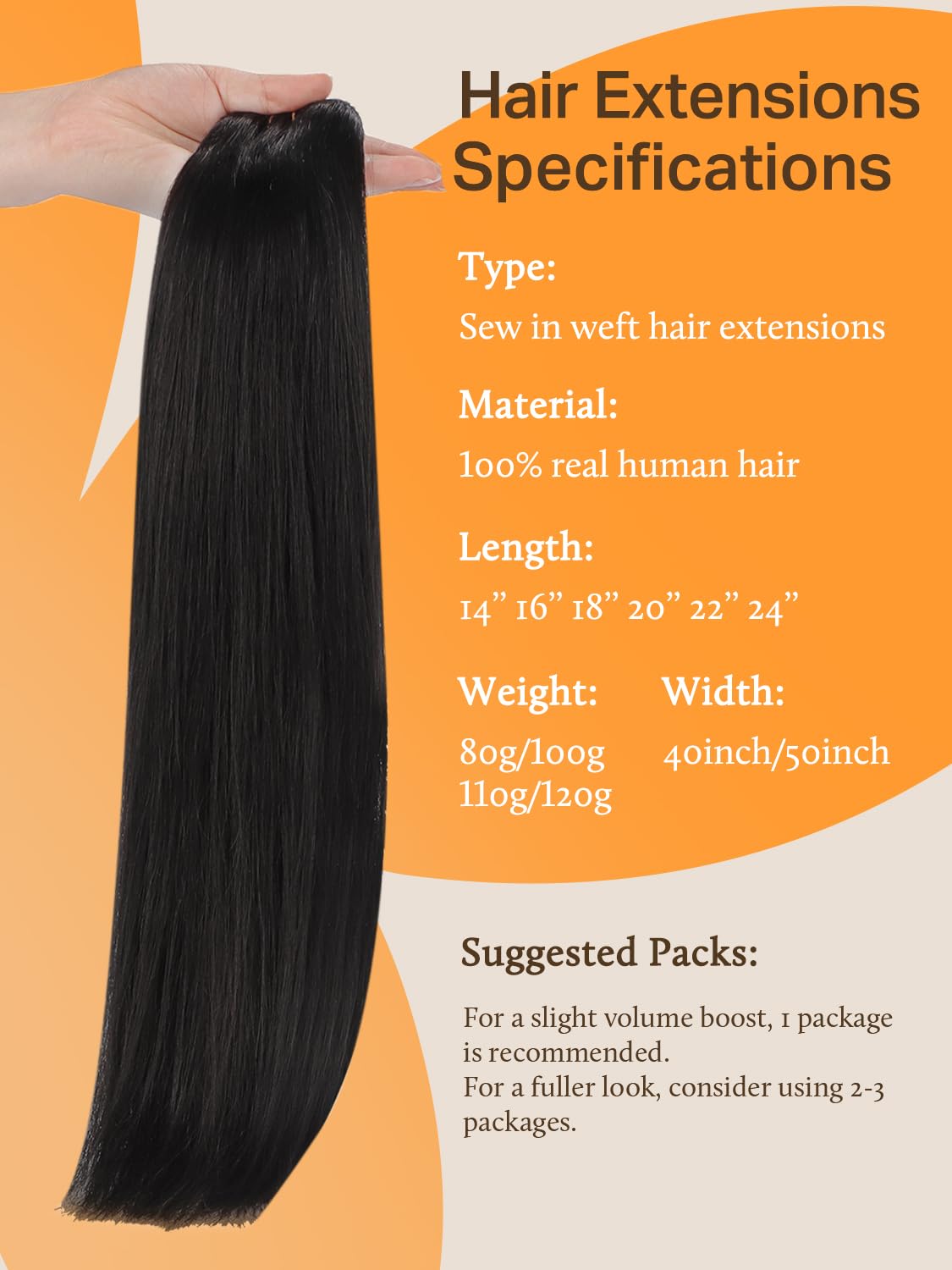 DOORES Sew in Hair Extensions Real Human Hair, 14 Inch Natural Black, Sew in Weft Extensions Hand Tied Long Straight 100g