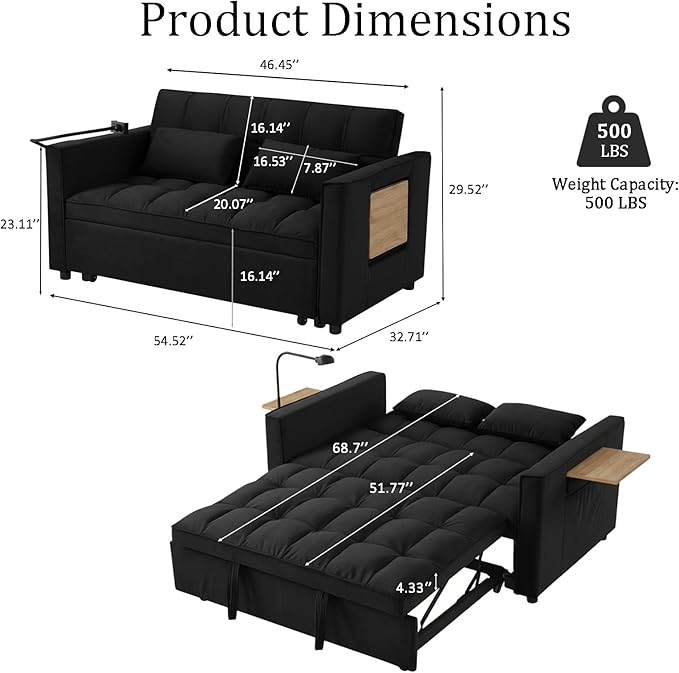 OjvZxqtbrnl Convertible Sofa Bed, Pull Out Couch with 3-Position Reclining Backrest, Modern Velvet Upholstery Futon Sofa Bed, Loveseat Couch for Living Room, Apartments & Guest Rooms (Black-L)