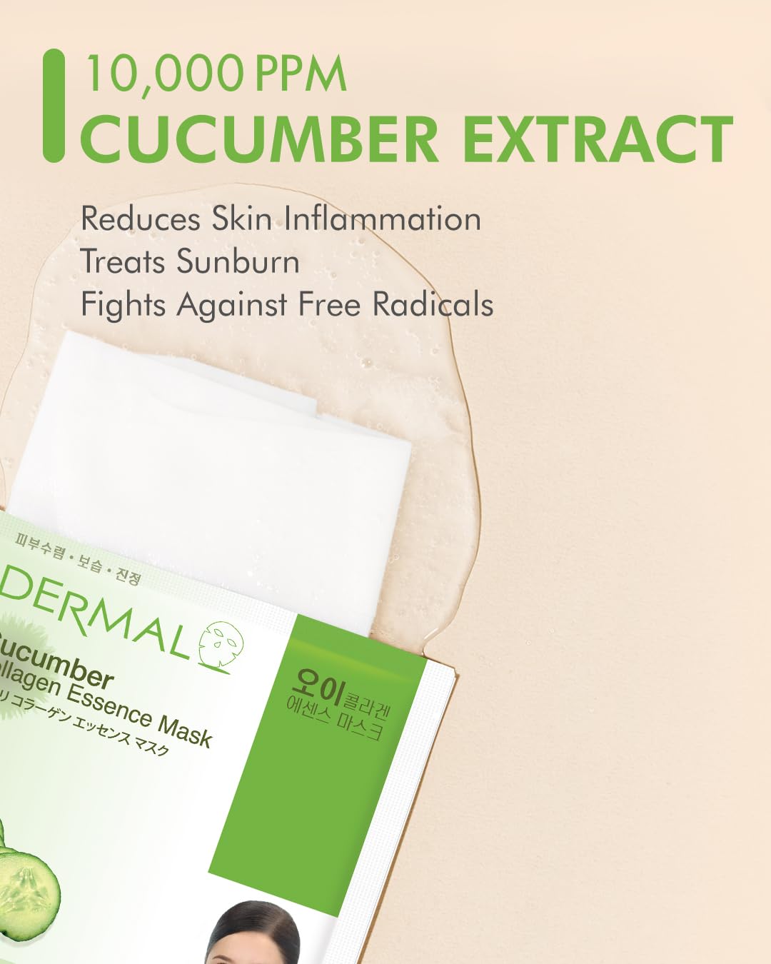 DERMAL Cucumber Collagen Essence Facial Mask Sheet 23g Pack of 10 - Soothing & Moisturizing, Redness & Sunburn Relief, Daily Ski