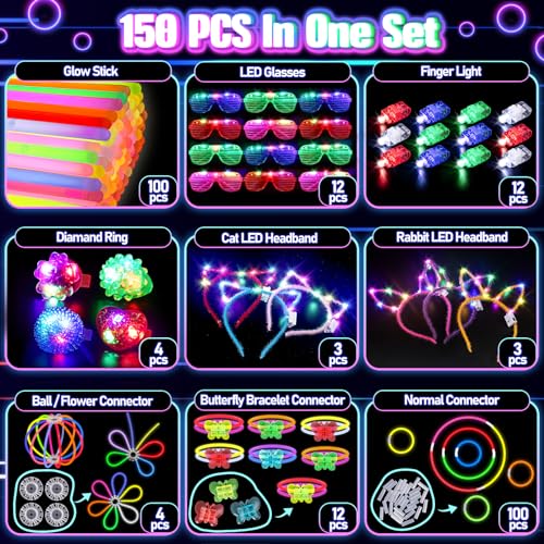 150PCS Glow in the Dark Party Supplies for Kids Adults, Light Up Party Favors with Light Up Glasses, Headband, Rings, 100 ...