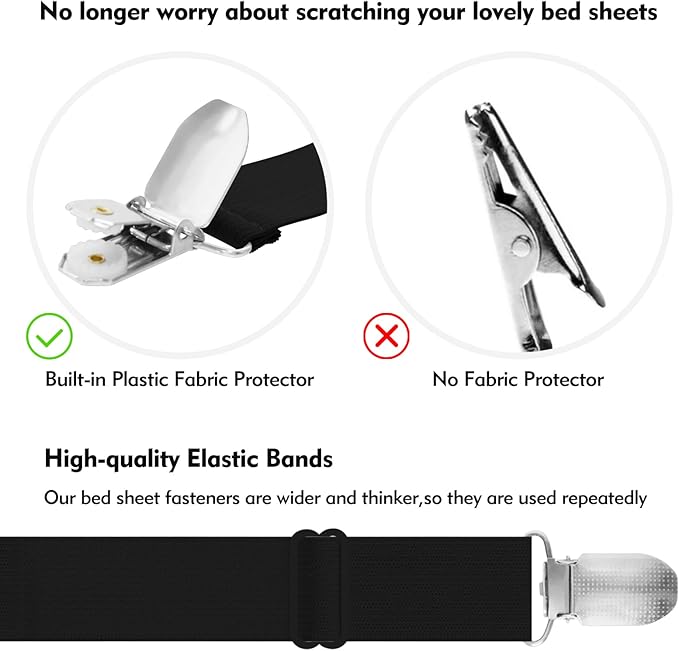 Bed Sheet Holder Straps, 2 Pcs Adjustable Mattress Sheet Clips, Bed Sheet Fasteners Elastic Sheet Suspenders to Keep Bed Sheet in Place for Different Beds (X-Black)