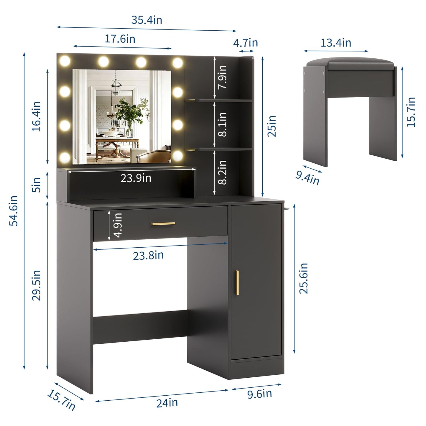 GarveeHome Makeup Vanity Desk with HD Mirror & 10 LED Bulbs, Dressing Table with Charging Station, Adjustable 3 Lighting Modes, Hairdryer Rack & Cushion Stool, Modern Bedroom Vanity Set, Black