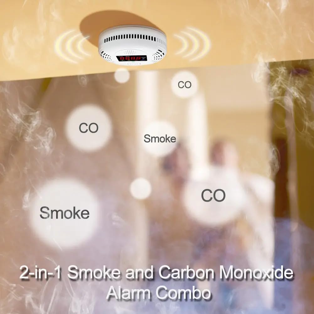 Carbon Monoxide Detector and Smoke Alarm Combined with AA Battery Powered high-Definition Color Screen Detector LCD Digital Display for Home Office Kitchen Hotel Bedroom Voice Alarm 2PACK