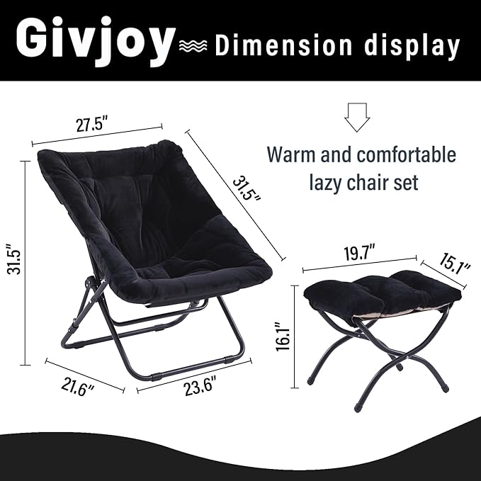 Givjoy Comfy Folded Chair with Ottoman, Oversized Folding Faux Fur Chair Soft Furry Lounge Lazy Chair with Metal Frame Moon Chair Accent Chair for Bedroom, Living Room, Dorm Rooms