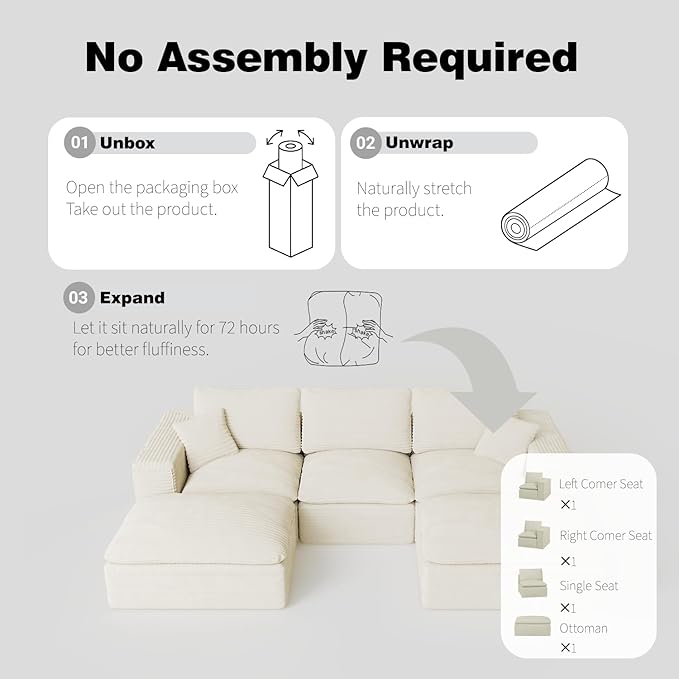 ZIGHTH 108" Plush Corduroy L Shaped Sectional Cloud Sofa Couch with Ottoman, Soft Deep Seat Modular Sectional Couches for Living Room,No Assembly. Beige