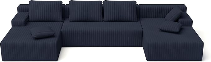 LAUSAINT HOME 132" Modular Sectional Sofa Couches, U-Shaped Boneless Cloud Sofa with 4 Deep Seat, 6 Cushiones Oversized Chaise for Living Room, Bedroom, Plush Corduroy Fabric (U Shaped,Navy Blue)