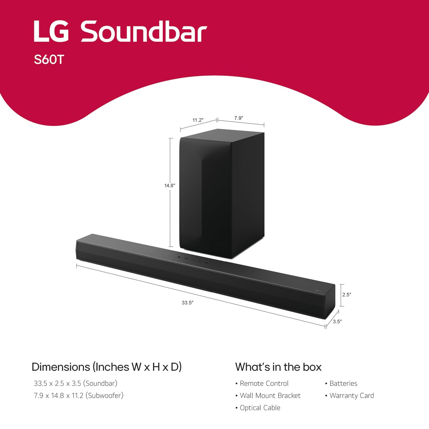 LG S60T 3.1 ch. Soundbar with Wireless Subwoofer, Dolby Audio, TV Synergy, Wow Interface, AI Sound Pro