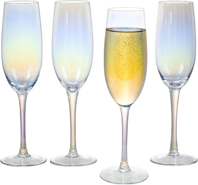 MyGift 7 oz Iridescent Stemmed Champagne Flute Glasses, Bubble Tone Rainbow Party Toasting Glasses, Set of 4