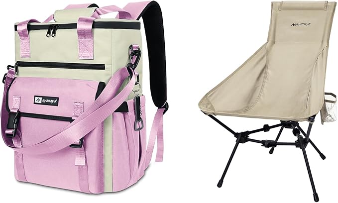 ayamaya Ultralight Chair + Backpack Cooler, High Back Aluminum Widen Frame Structure Folding Chair wigh Side Pocket, Pink ...