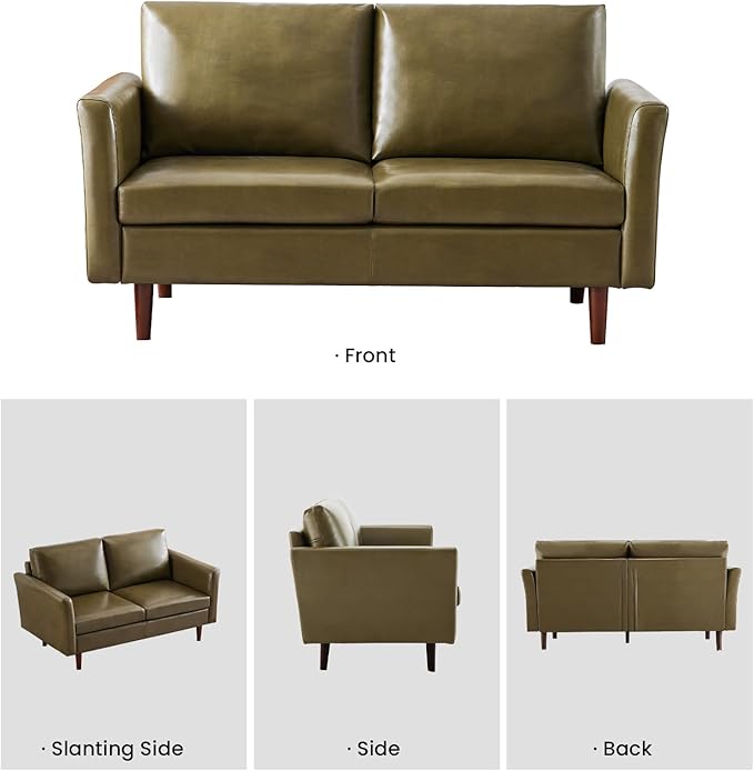 Kingfun Faux Leather 3 Seat Couch Set for Living Room, Mid Century Modern Sofa with Rolled Arms and Deep Seats, Fluffy Comfort for Apartment, Easy to Assemble, Olive Green Sofa and 2 Loveseat