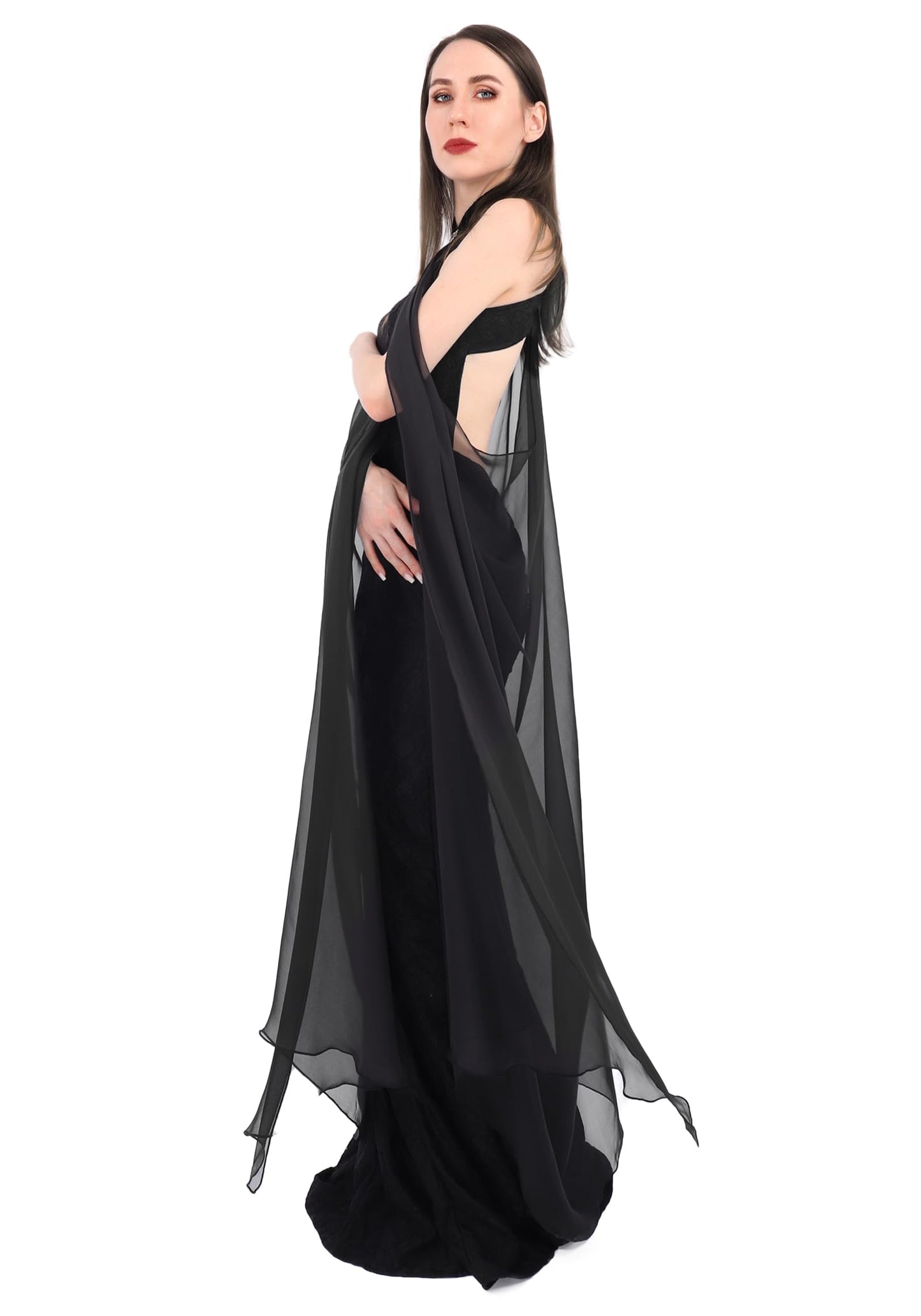 KUOIN Women's Chiffon Sheer Cape Gothic Tulle Cloak Halloween Wedding Bridal Collared Shawls Full-Length 130CM