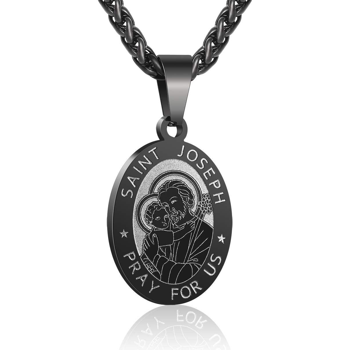 Zocomi Black Saint St Joseph Medal Necklace for Men Boys, St. Joseph Pendant Chain Jewelry Catholic Christian Religious Baptism