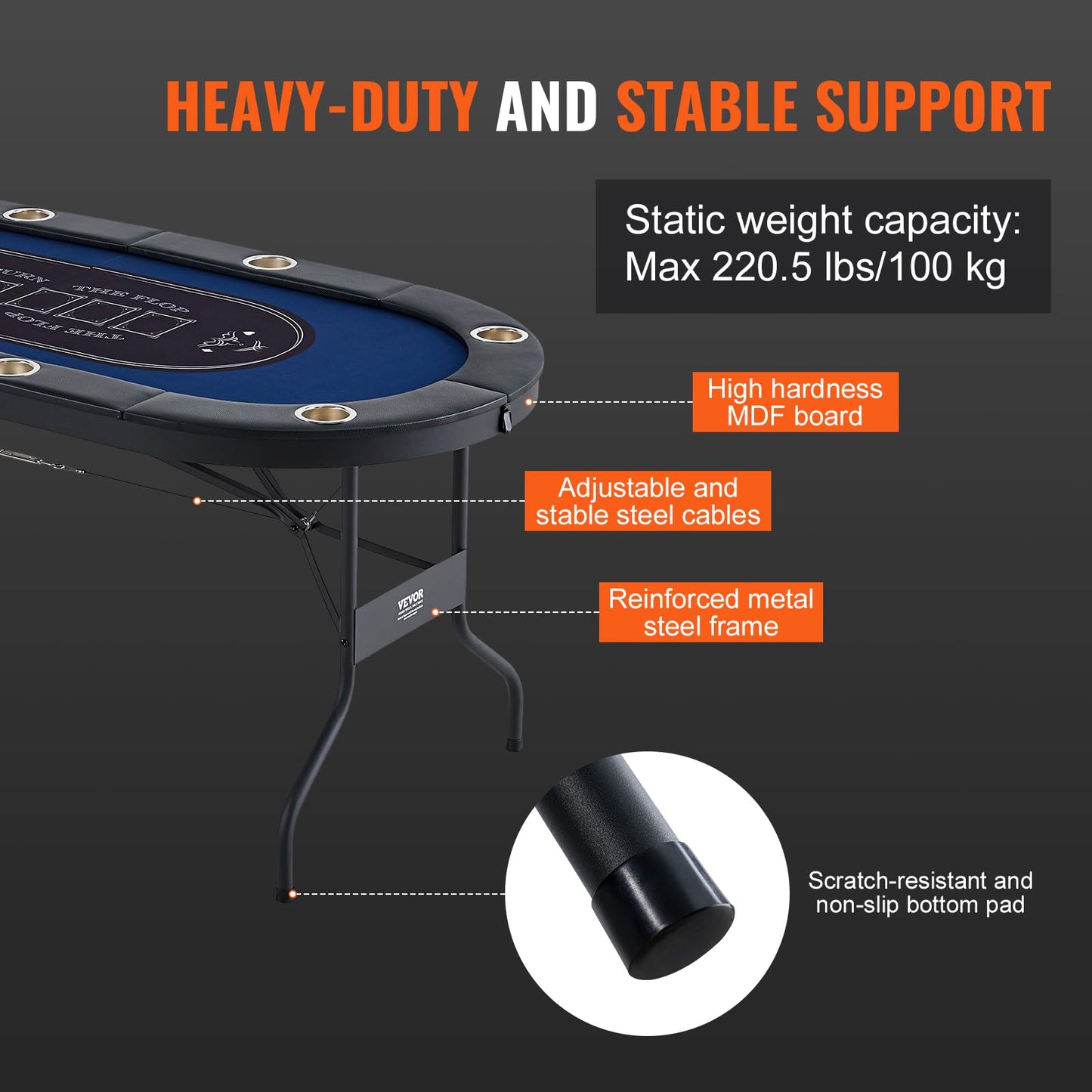VEVOR 8 Player Poker Table Foldable, Portable Folding Card Board Game Table, Casino Leisure Table, Blackjack Texas Holdem Table with Padded Rails and Stainless Steel Cup Holders,Blue (72 in)