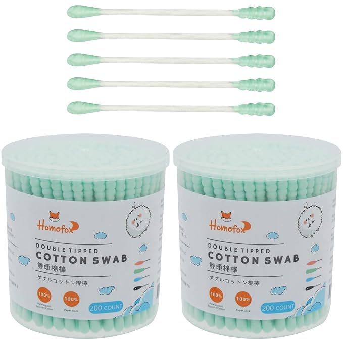 Green Cotton Swabs Spiral - 400 Count Organic Cotton Buds Double Side Tightly Wrapped Cotton Tips Paper Stick Soft Gentle Lint-Free Cruelty-Free, Round & Spiral (Green)