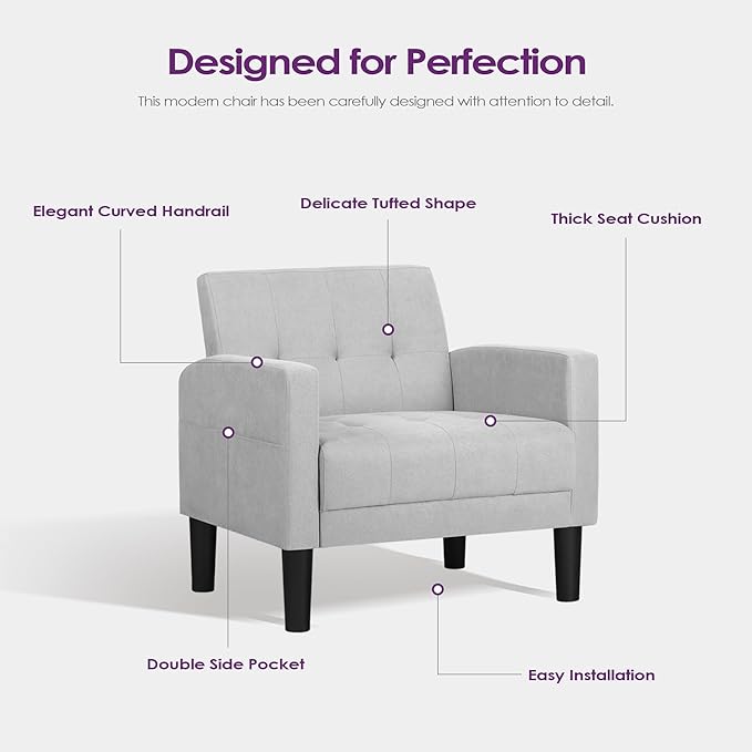 TYBOATLE Sofa Couch, Living Room Furniture Sectional Sofa Sets 2 Pic, Tufted Mid-Century Loveseat w/USB, Cupholders & Comfy Single Sofa for Small Space, Apartment, Office (Light Grey)