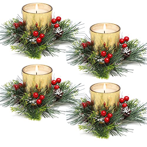 Christmas Candle Ring, 4 Pcs Votive Candle with Red Berry Pinecone, Xmas Ring Candle for Table Centerpiece Decoration Wedd...