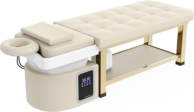 pouseayar Stationary Head Spa Massage Table with Water Cycle & Fumigation Salon Equipment for Beauty Head Spa Physical Therapy Massage, Stainless Steel Gold Color-Plated Frame, Beige Gray PU Leather
