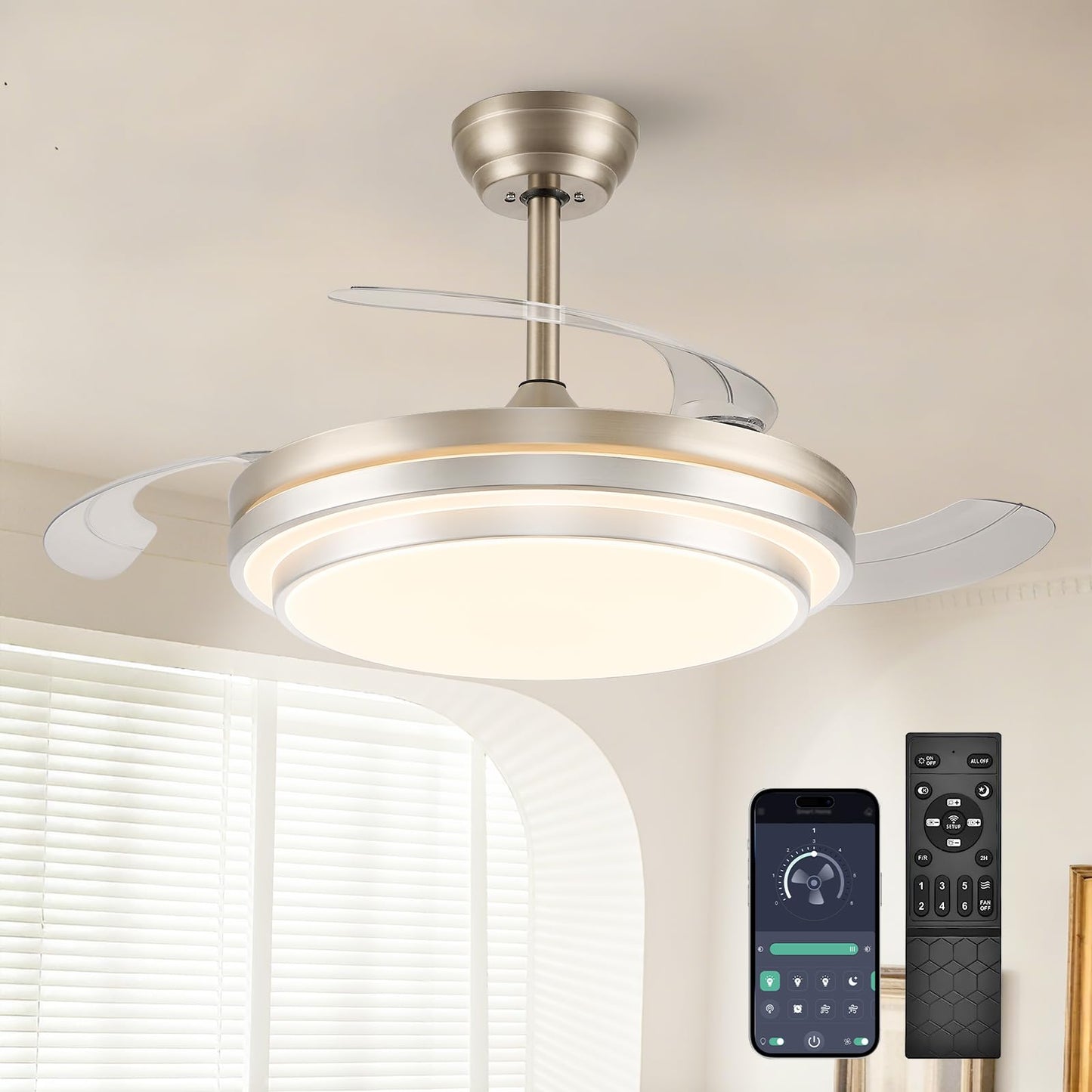 48 Inch Fandelier Ceiling Fan with Light,Modern Retractable Ceiling Fan with Lights and Remote/APP;6Speed,Silent Reversible Motor,Timer,Chandelier Fan for Bedroom/Living Room(Brushed Nickel)