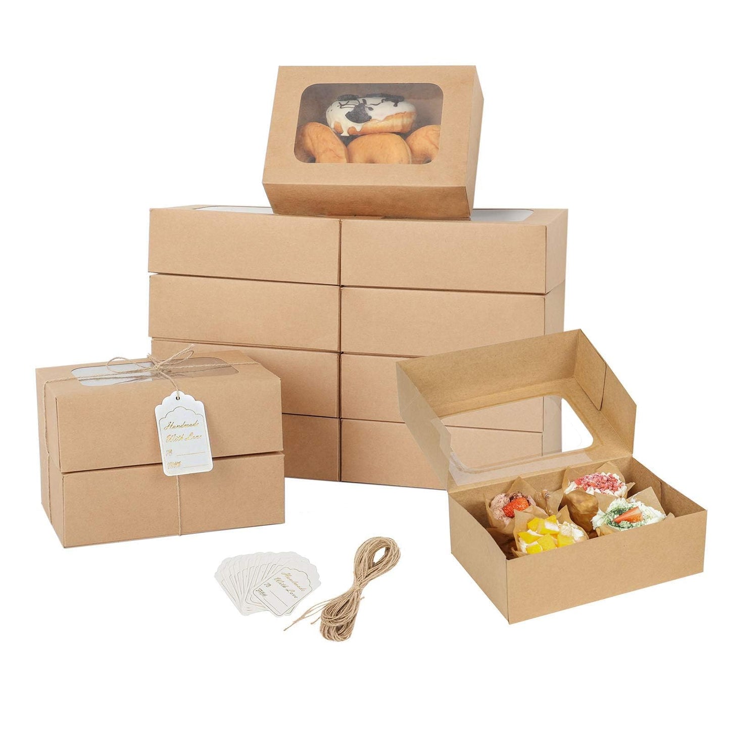 YEKTFS 24 Pcs Cookie Boxes with Window for Paper Gift Giving Brown Bakery Gift Boxes 9 x 6.3 x 3 Inch, Easy Estate Holiday Packaging for Cookie, Cupcaked, Donuts & Pastries