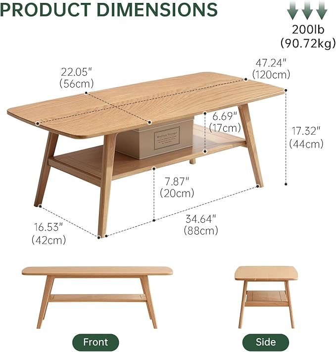 Wayshome 100% Solid Oak Wood Coffee Table for Living Room, 2-Tier Coffee Tables with Shelf Storage, Mid Century Modern Table with Rounded Corners (Natural Colour, 47.24" W x22.05 D x 17.32" H)