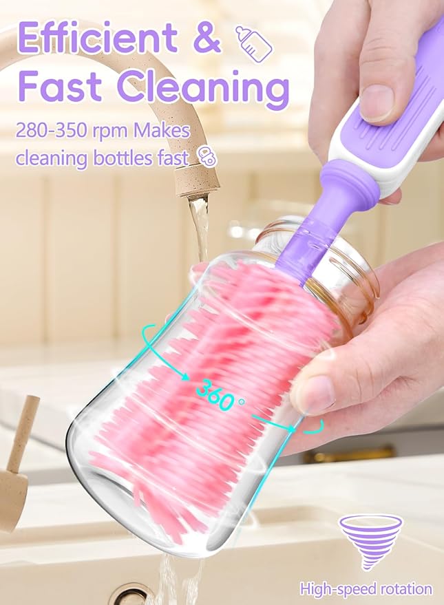 Electric Bottle Brush Cleaner, Baby Bottle Brush Travel Set, 360° Efficient Cleaning, Durable 2000 mAh Battery, Travel Bottle Brush Set with Drainage Rack and Storage Box, Baby Travel Essential