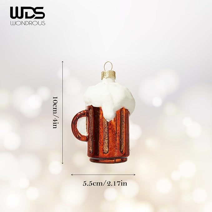 WDS WONDROUS Beer Mug Christmas Ornament & Decoration, Glass Hanging Beer Mug Ornament Set for Christmas Tree Red and White Decor Holiday Party Home Gift