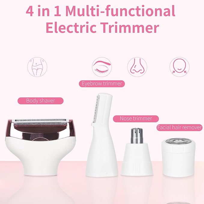 Electric Razor for Women Men with LED Display,4 in 1 Ladies Wet & Dry Body Razors and Facial Hair Remover, Rechargeable Painless Hair Removal Kit for Nose Face Body Leg Bikini Arm Hair