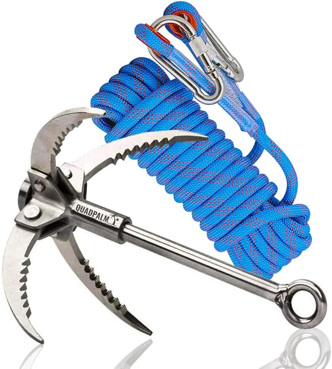Grappling Hook with 10m Rope – Multifunctional QUADPALM Grapple Hook - 4 Stainless Steel Folding Claws - Heavy Duty - Outd...