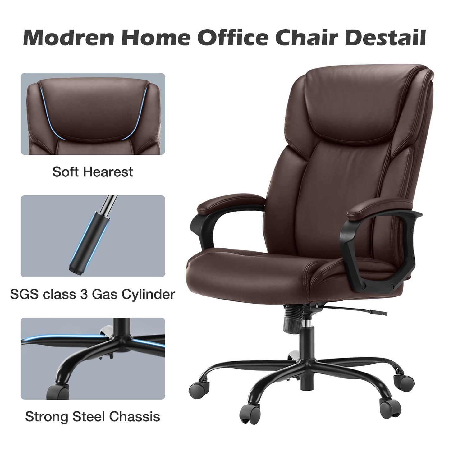 Executive Office Chair - Ergonomic Home Computer Desk Chair for Heavy People with Wheel, Lumbar Support, PU Leather, Adjustable Height & Swivel