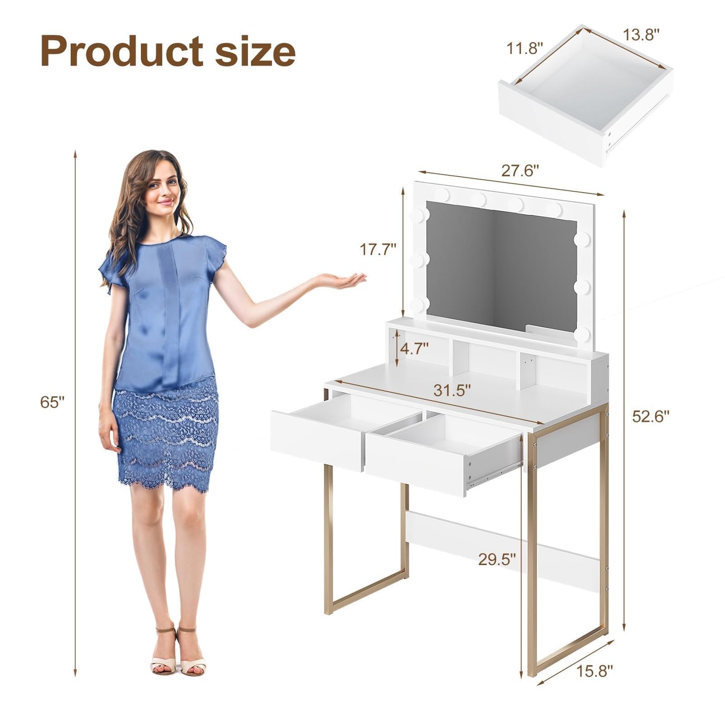 HedoAjim Small Vanity Desk with Lights and Mirror,3 Lighting Colors with Adjustable Brightness, Makeup Dressing Table with 2 Drawers for Women Girls in Bedroom,Wooden & Iron Frame (Gold)