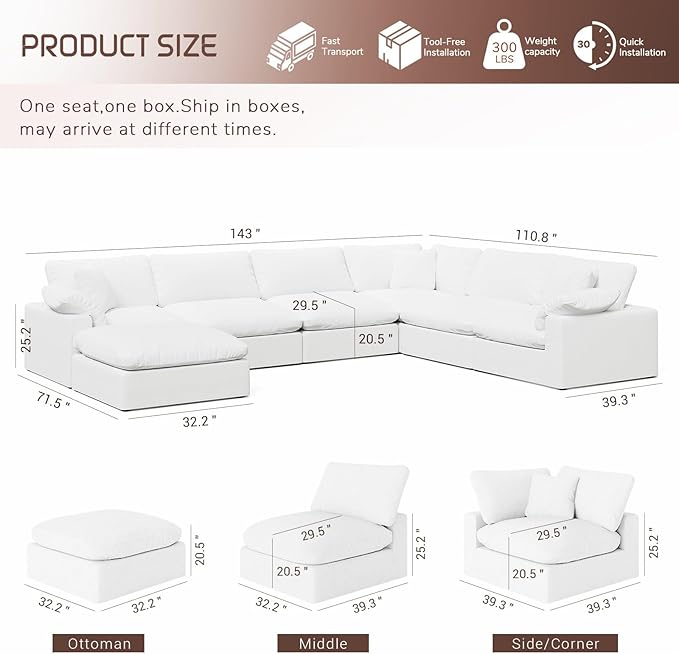 Intuition Decor 253" Oversized Cloud Modular Sectional Sofa,7 Seat Down Filled Sofa,Comfy Deep Seat Couch with Reversible Chaise & Cushions,Couch Cover Washable and Replaceable,White