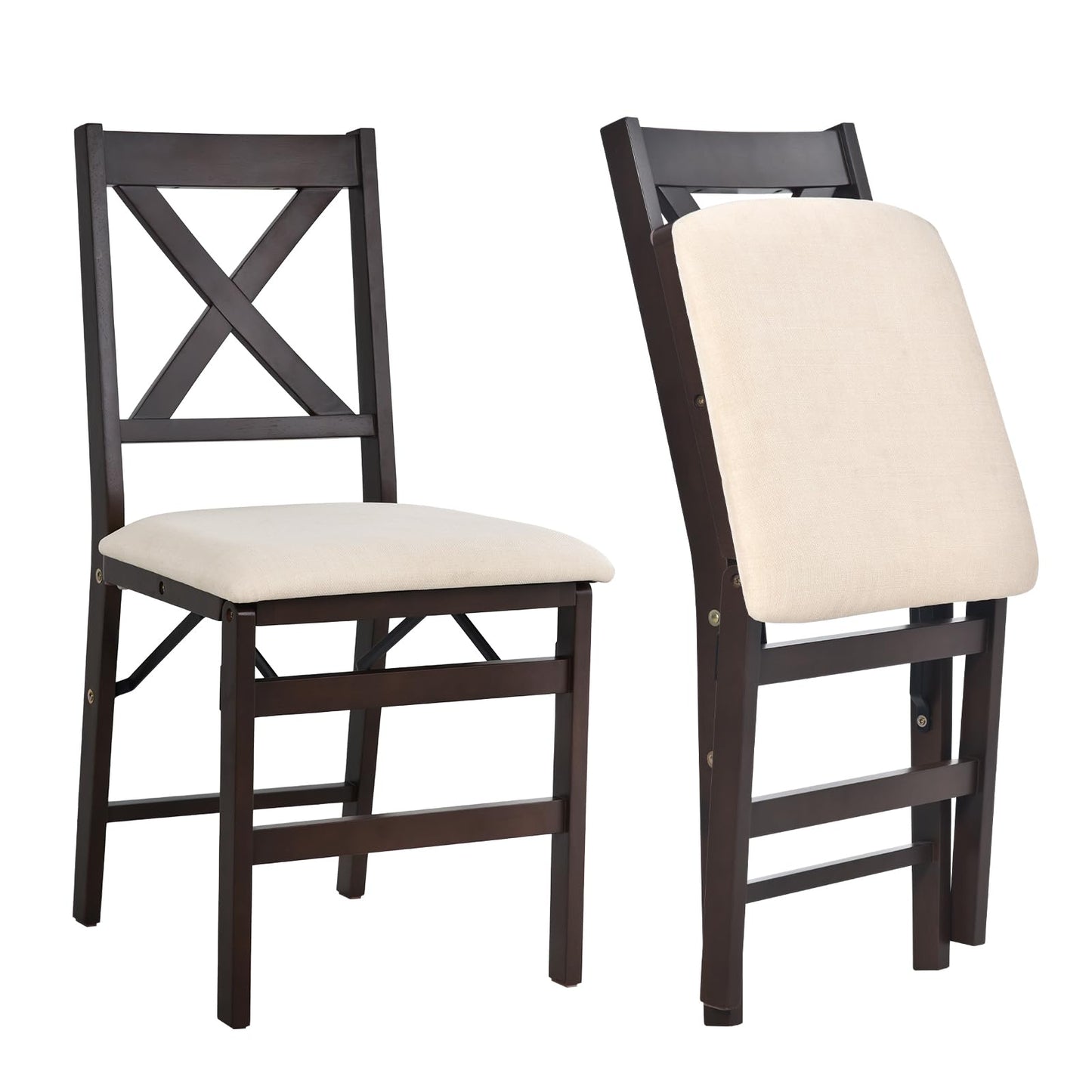 COLAMY Folding Dining Chairs Set of 2 – Beige Upholstered Wooden Dining Room Chairs for Kitchen & Small Spaces, Mid Century Modern Design, Space-Saving, No Assembly Required