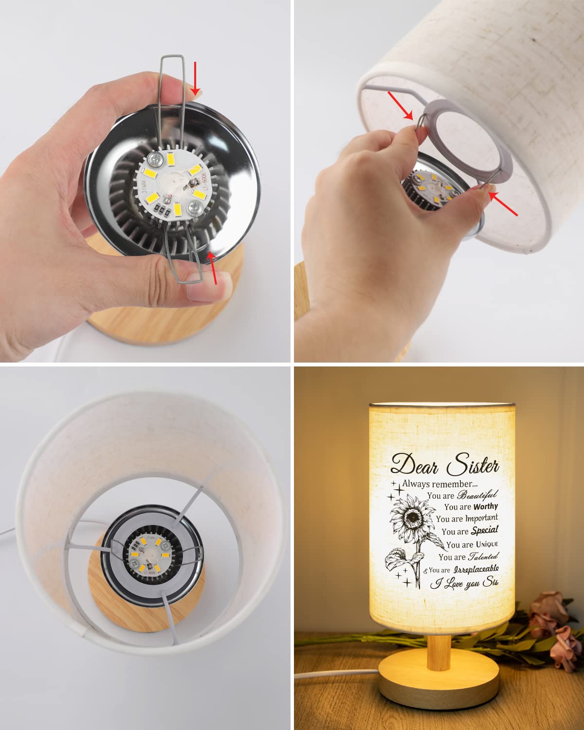 Calibron Sister Gifts, Sister Birthday Gifts Fabric Lamp, Birthday Gifts for Sister, Sisters Gifts from Sister Table Lamp with Wooden Stand, Anniversary Wedding Gifts for Sister