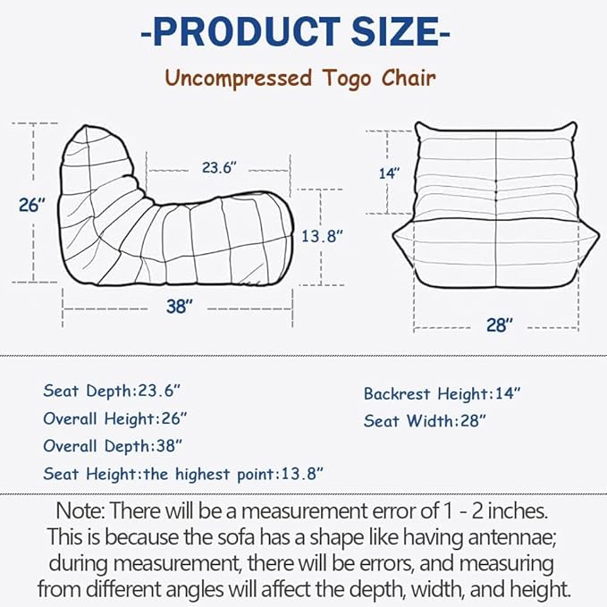 OTDMEL High-end Non-Compression Fireside Togo Chair, Bean Bag Chair for Adults, Comfy Soft Lazy Sofa Floor Lounge Chair for Bedroom, Living Room, Office or Lounge