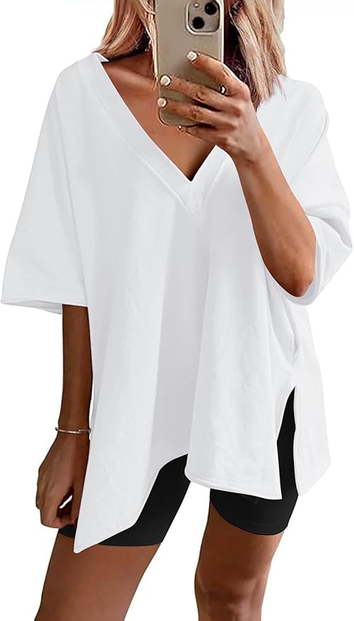 Ekouaer Womens Pajamas 2 Piece Lounge Sets Oversized V Neck T-Shirts Tops Biker Shorts Set Workout Reversible Tracksuit S-XXL