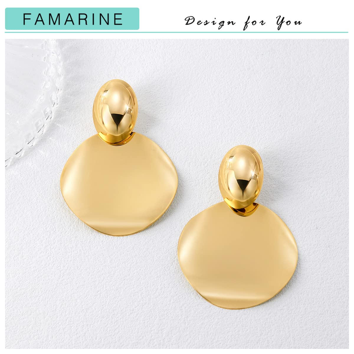 FAMARINE Gold Big Disc Statement Earrings Smooth Round Hammered Dangle Earrings for Women Earrings Fashion Jewelry