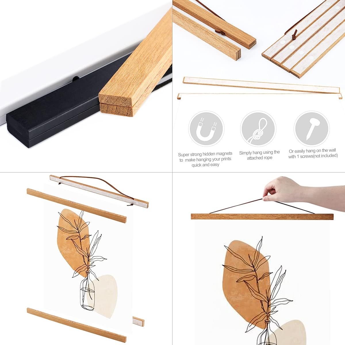 Ywlake Magnetic Poster Hanger, 24x36 24x18 24x32 Poster Frame Wood Wooden Magnet Print Posters Dowel Scroll Hanger Hangers Hanging Kit for Walls Map Canvas Artwork (Teak Wood, 24")