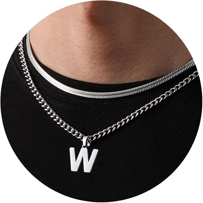 P. BLAKE Layered Initial A-Z Pendant Necklaces Gifts for Boys Men, Stainless Steel Letter Cuban Link Herringbone Chain Valentines Fashion Jewelry Gifts for Him
