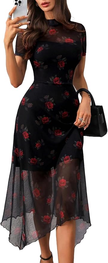 GothDark Women's Wedding Guest Floral Print Vintage Goth Dress Mesh Spliced Double-Layered Irregular Hemline Midi Dresses