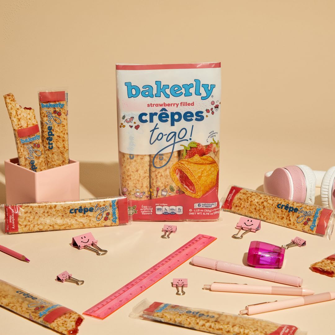 bakerly Strawberry Filled Crepes to go! Non GMO, Free from Artificial Flavors & Colors, Pack of 9, 6-Count (54 Total Crepes)