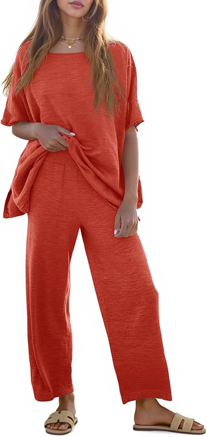 Tankaneo Women's 2 Piece Travel Outfits Casual Short Sleeve Knit Sweater Set Wide Leg Pants Lounge Sets Tracksuit