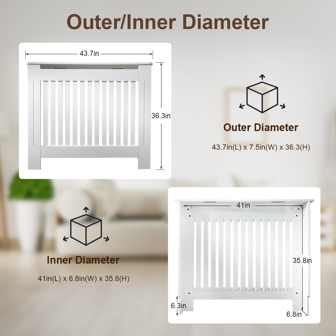 DOLEMODUO Radiator Cover Cabinet - 44"x36"x 7.5" Solid Wood Heater Enclosure Shelf with Top, for Home Decor and Safe (White)