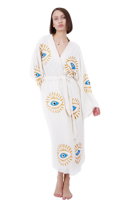 Bodho Handmade Evil Eye Boho Festival Kimono, Boho Beachwear, Beachwear Cover Up, Ethnic Kimono, Evil Eye Robe