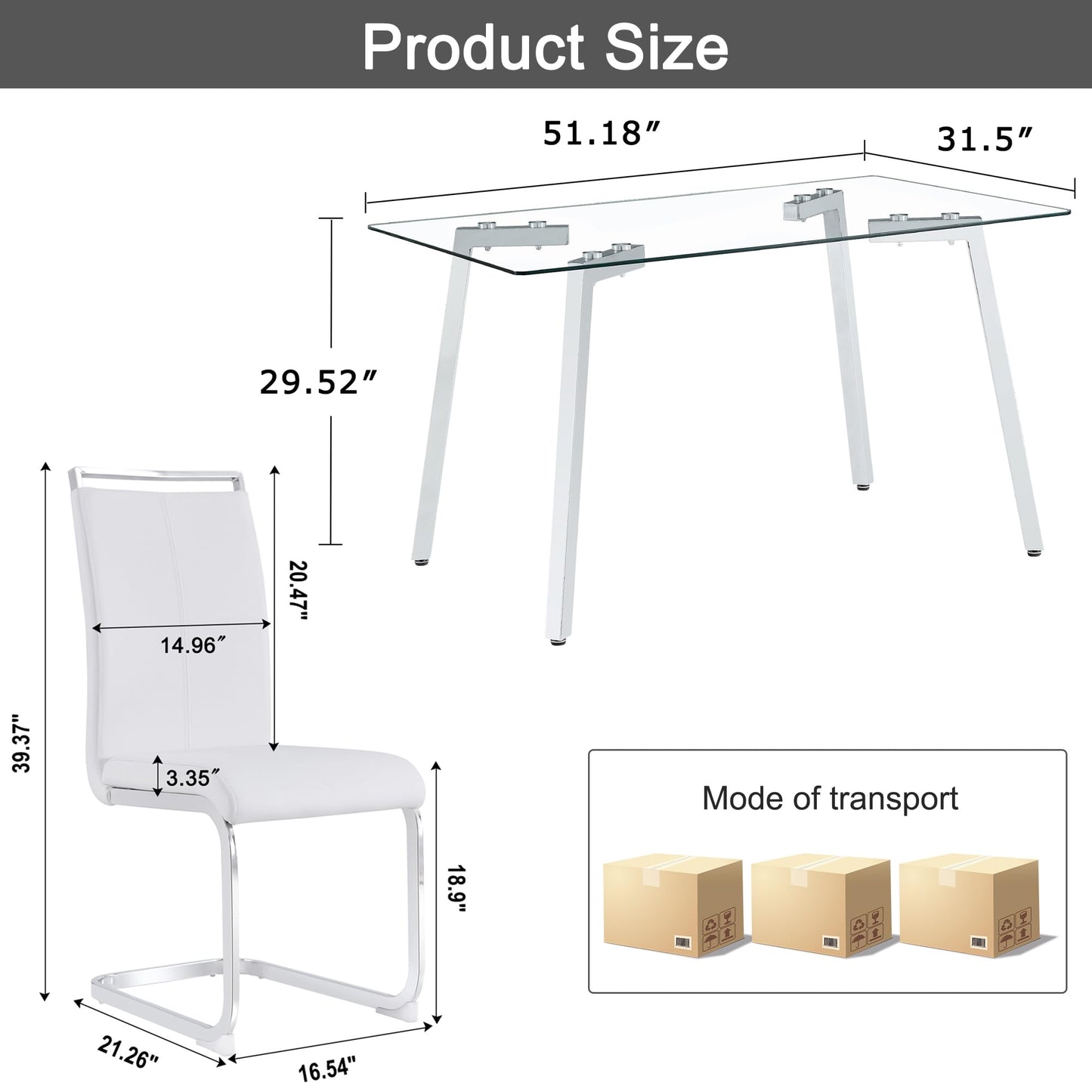 Glass Dining Table Set for 4,Rectangle Dinner Table with 4 White Leather Kitchen Chairs,51 in Kitchen Room Dining Set,0.31” Tempered Glass Table Top with Silver Metal Legs,4 Dining Chairs