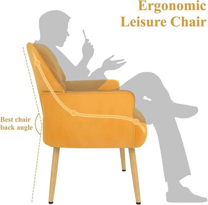 Holiway Velvet Accent Chair, Mid Century Modern Accent Chairs for Living Room, Comfy Upholstered Armchair with Metal Legs for Bedroom/Apartment/Office/Waiting Room, Yellow